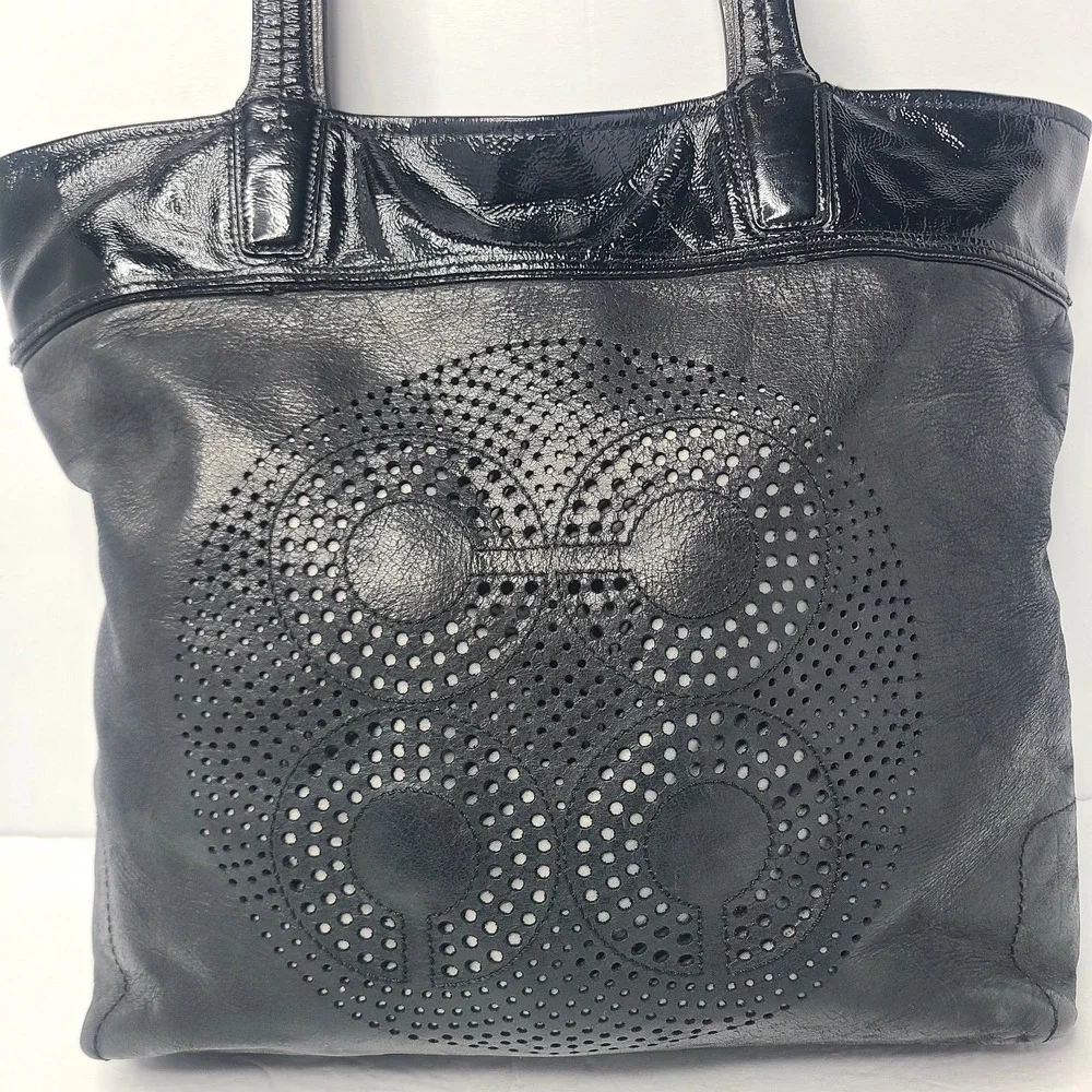Coach Audrey Perforated Black Patent Leather Shoulder Tote Bag Purse C Logo